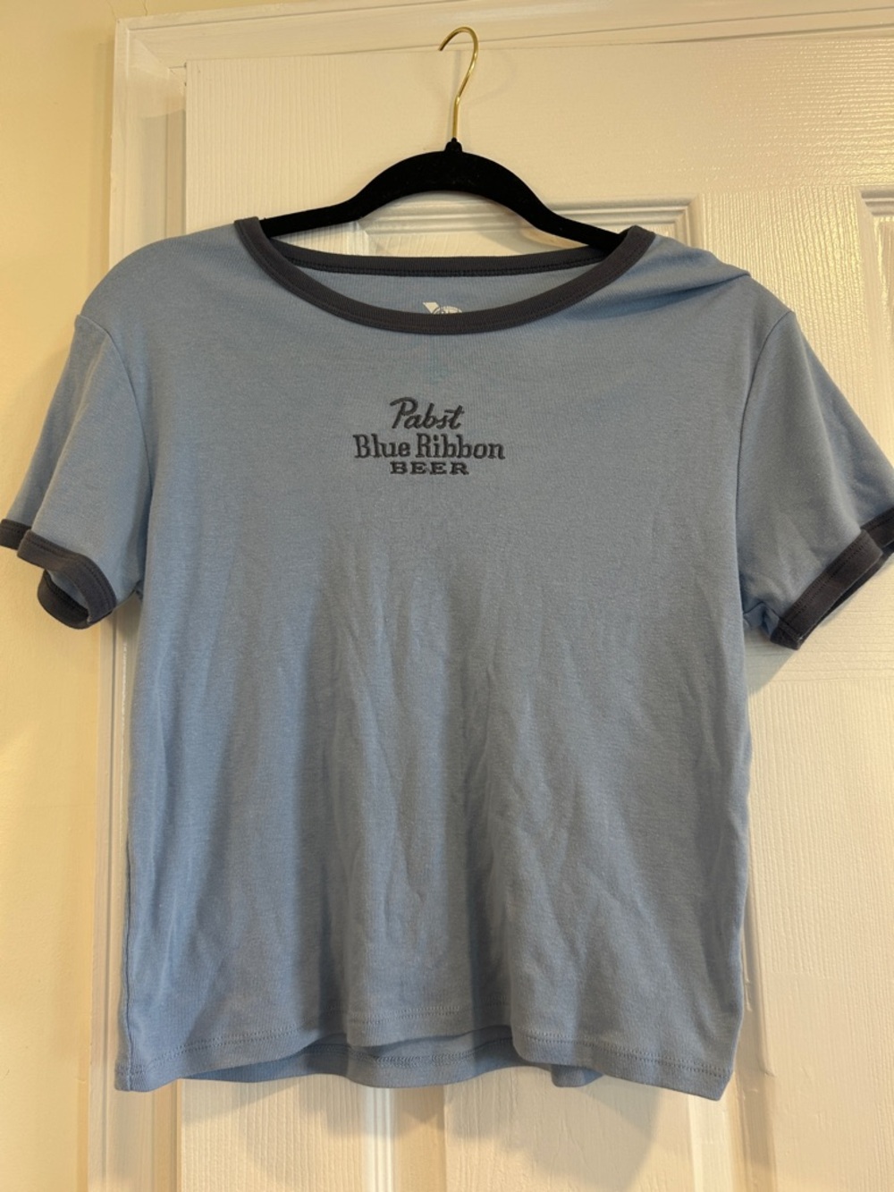 Cropped Pabst Blue Ribbon Light Blue Ringer T-Shirt
